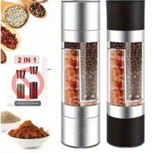 二合一不锈钢盐胡椒研磨器，无需电池 - 盐胡椒研磨器，手动两用研磨器，可从细磨到粗磨调节，非常适合露营或旅行，陶瓷刀片 - 厨房香料研磨器，厨房小工具