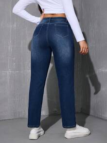 冬季保暖直筒牛仔裤 - 深色水洗藍 - 查看 3