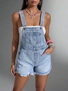 Jeanoix 女式口袋做旧休闲牛仔背带短裤 - 淺色水洗藍 - 查看 4