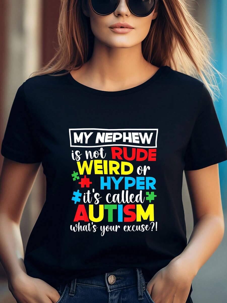 Women's Plus Size Black T-Shirt: Vibrant. My Nephew Is Not Rude, Weird, Or Hypergraphic. Modern, Fun Hand-Drawn Style. Casual Crew Neck Short-Sleeved T-Shirt, Loose & Comfortable Fit. - Black - View 1