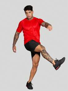 Men's Dry Fit Short Sleeve Sports Shirt, Polyester With Elastane, Training Gym - Rojo - Ver 3