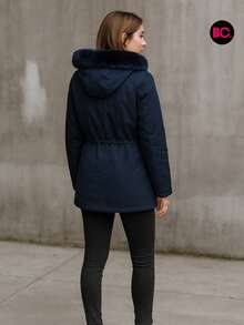 Cazadora para mujer en varios colores con capucha y forro afelpado, cazadora térmica casual elegante de invierno con bolsillos frontales, ajuste en cintura y cierre frontal, abrigo largo cálido estilo parka para clima frío - Azul Marino - Ver 4