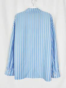 Striped Button-Down Casual Shirt, All Season - Blue - View 5