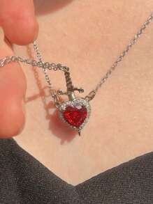 2pcs/Set Elegant Luxury Red Heart & Sword Couple Necklace, Stainless Steel Chain With Sparkling Cubic Zirconia Pendant, Suitable As Gift For Women & Men