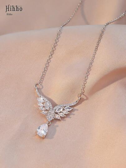 Hihho 1pc Sparkling Zirconia Inlaid Angel Wings Teardrop Pendant Necklace, Luxury Jewelry Gift