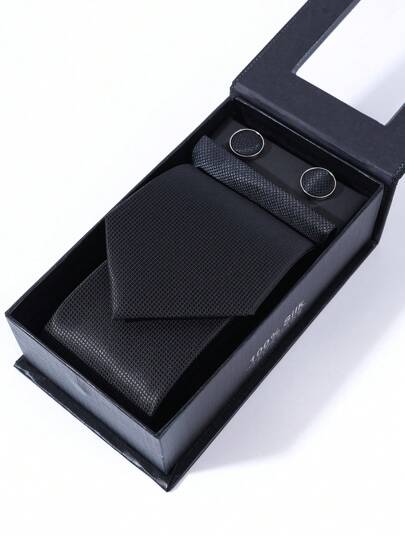 1 Conjunto de Gravata Listrada Preta/Masculina + Lenço de Bolso + Conjunto de Abotoaduras, Negócio Clássico, Moda Multifuncional, Adequado para Casamentos, Celebrações, Uso Diário, Traje Formal