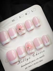 10 móng tay giả vuông ngắn kiểu dáng thanh lịch màu hồng và trắng, móng giả thủ công kiểu Pháp hình hoa 3D, hình hoa hồng, đính đá nhỏ ở giữa hoa, sang trọng nhưng ngọt ngào lãng mạn, thích hợp cho sử dụng hàng ngày, hẹn hò, du lịch mùa hè, món quà hoàn hảo cho phụ nữ và các cô gái, dụng cụ làm móng thủ công. - Nhiều màu - Xem 7