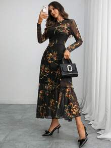Women's Gothic Elegant Long Dress, Black Base, Colorful Floral Print, Mesh Round Neck Long Sleeve, Fitted Waist, Ruffle Hem Spring - Multicolor - View 2