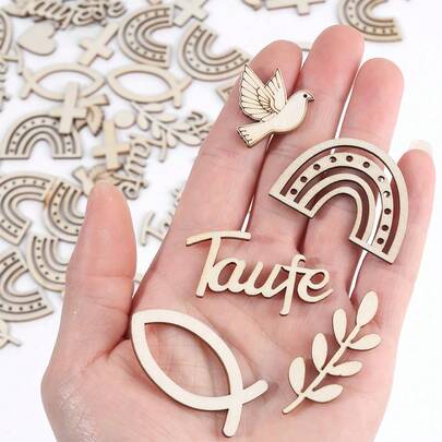 180 Stücke/Packung bunte Holz-Konfetti, mit Regenbogen-, Tauben-, Fisch-, Kreuz-, Zweig- und Punktmustern, geeignet für Taufe, Geburt, Kommunion, Namensgebung, Konfirmation sowie als Partyfavors oder Dekorationen