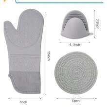 Oven Mitts Oven Gloves And Cotton Thread Weave Pot Holders Sets, Heat Resistant Silicone Oven Mittens With Hot Pads Potholders Farmhouse Kitchen Decor For Kitchen Cooking Baking Accessories - 灰色 - 查看 2