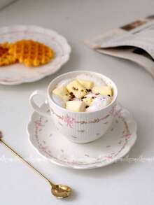 1pc Ins Style Afternoon Tea Cup Set, Korean Girly Pink Floral Bow Retro Ceramic Coffee Cup - White - View 3