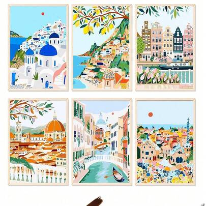 6-delige DIY digitale schilderset voor volwassenen, 40*50 cm met verf en penselen, ideaal om te ontspannen, schilderen met cijfers, handgemaakt, canvas met strandkasteelontwerp, kamerdecoratie als knutselwerkje, schilderen voor beginners, perfect cadeau voor vrienden (zonder lijst)