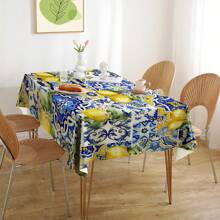 1 pieza Mantel de poliéster con patrón de azulejos cerámicos de limón vibrante y azul - Excelente para fiestas de verano, cumpleaños, decoración del hogar, dormitorio, decoración de cocina con limones