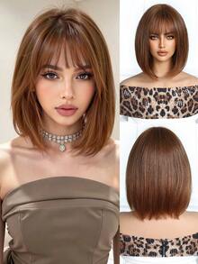 12英寸酒红色波波头假发，带刘海，采用自然逼真的合成纤维制成，适合日常佩戴、派对、舞会和角色扮演。 - 棕色 - 查看 3