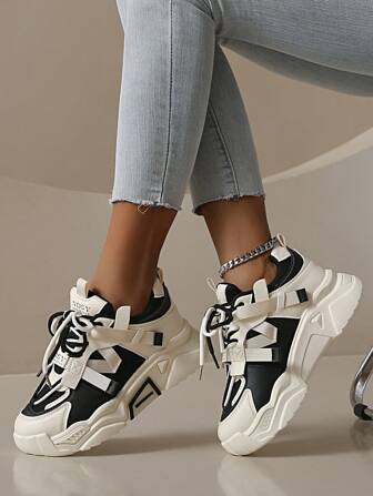 新款女士厚底运动鞋，适合所有季节，平底米色、橙色、紫色、黑色、白色、棕色休闲鞋，时尚网眼系带拼接圆头厚底运动鞋