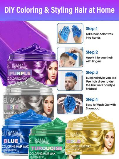 Elikana Men's Temporary Hair Wax Set - Colored Hair Wax, Hair Styling Wax, Hair Gel - Changes Hair Color - Styling Tool Kit - Beard Dye - Bright Blue, Green, Yellow, Easy To Wash, Bold Styling, Suitable For Theme Parties, Valentine's Day Gifts, New Year Gifts