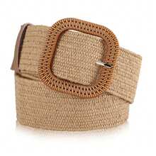 Women's Belt Elastic Stretch Waistband Woven Leather Tip Silver Buckle Straps - Khaki - View 2
