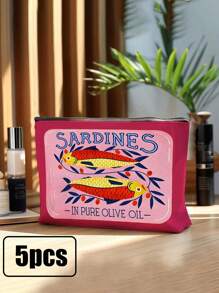 Retro Sardines Cosmetic Pouch,Olive Oil And Lemon Design, Unisex Adult Polyester Mini Makeup Bag, Hypoallergenic Zippered Toiletry Case, Pink Zippered Cosmetic Bag, Multifunctional Snack, Stationery Or Gift, Tin Fish Print Accessory Clutch, Cosmetic Pouch For Girls Women, Makeup Bag, Toiletry Bag For Travel, School, And Commuting,Unisex Adult Portable Storage Bag