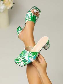 Plus Size Women's Tropical Print High Heel Sandals, Non-Slip Durable Thick Sole, Fashion High Heels, Summer Slide Sandals For Outdoor - Mint Green - View 1