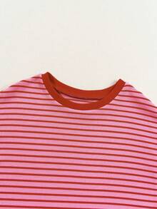 Acelitt Camiseta de punto de cuello redondo de manga corta y hombros descubiertos a rayas, talla grande, color rosa verano - Rosa - Ver 6