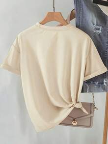 We Are Back With Back To Printed T-Shirt, Spring And Summer Round Neck Short Sleeved Women'S T-Shirt, Pure Breathable Casual Sports Top, Holiday Gift - Apricot - View 3