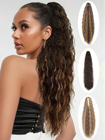 22 Zoll lange, hitzebeständige, synthetische lockige Pferdeschwanz-Haarverlängerung, lockige Wellen-Pferdeschwanz-Clip-In-Haarverlängerung, Klauen-Clip-On-Pferdeschwanz-Verlängerung, natürlich aussehende Haarverlängerung für Frauen in Schwarz, Blond, Dunkelbraun, Mehrfarbig, geeignet für Alltag, Y2K, Musik, Party, Cosplay