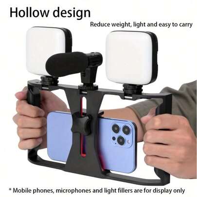 3 Cold Shoe Versatile Handheld Stabilizer With Microphone Stand, ABS Material, Multiple 1/4" Expansion Ports For Live Streaming And Photography