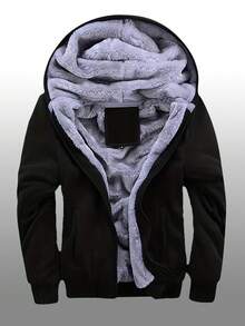 Men's Winter Fleece Hoodie; Warm Sweatshirt; Solid Color Jacket; Men's Hooded Sweatshirt - 黑色 - 查看 1