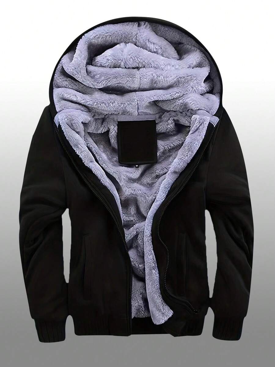 Men's Winter Fleece Hoodie; Warm Sweatshirt; Solid Color Jacket; Men's Hooded Sweatshirt - 黑色 - 查看 1