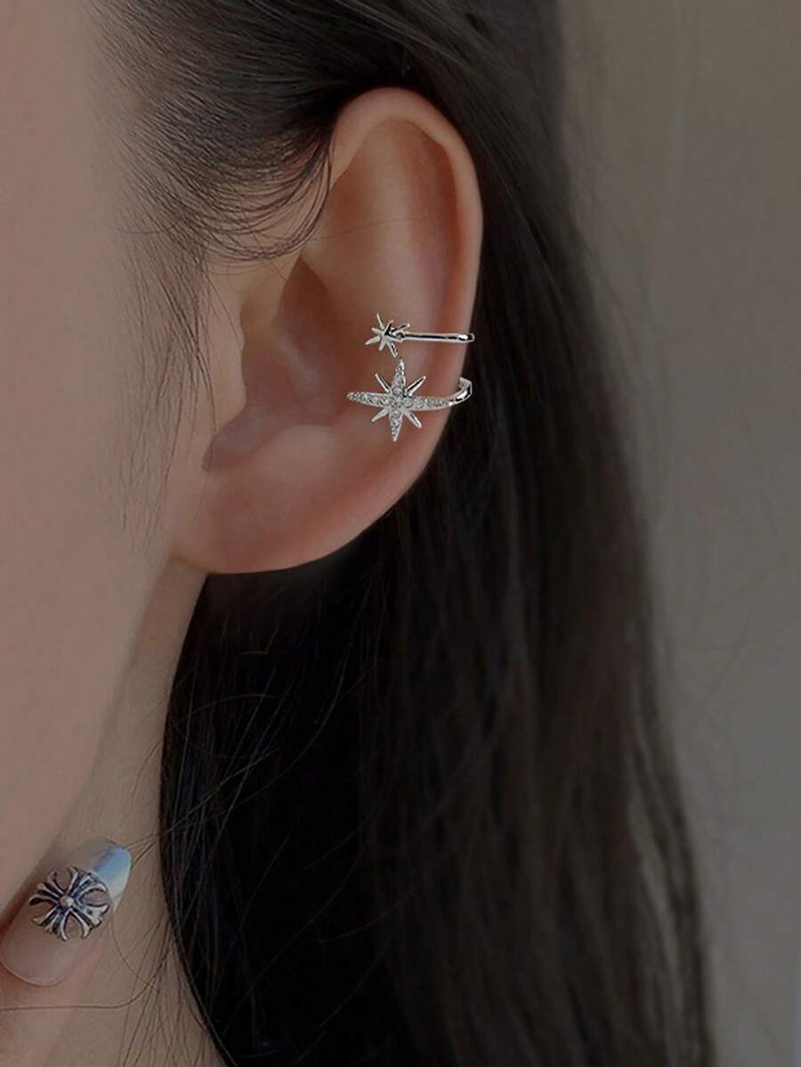 1pc Asymmetric Octagonal Ear Clip Earrings For Women, Fashion Unique Personalized Delicate Earring Suitable For Daily Wear, Gatherings & Parties - Silver - View 1