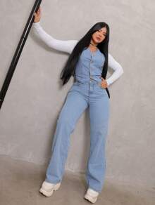 Conjunto de 2 peças Jeans Feminino para mulheres Blusa Colete com detalhes Calça Wide leg Denim Conjunto Elegante Perna Solta Cintura alta Tecido Premium