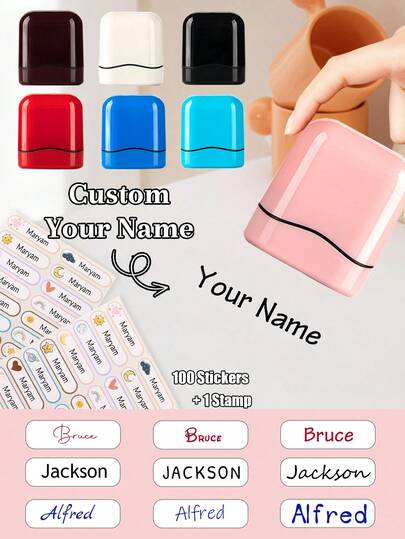 1 Stamp + 100 Stickers Personalized Signature Stamp,Custom Clothing Name Stamp,Customized Solid Color Handwritten Signature Stamp,Customizable Birthday Gifts,7 Color Stamp,3 Color Ink,Stamps For Kids,Business Seal,Teachers' Day,Back To School Supplies,School/Ladies/Boy/Office,Friends,Teachers,Worker