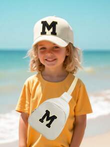 2件套A-Z字母棒球帽和包，适合男孩，时尚团队运动遮阳帽，带可调节肩带 - 旅行腰包斜挎包 - 米色 - 查看 3