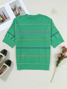 Acelitt Four Season Applicable Color Blocked Striped Seven Quarter Sleeve Off Shoulder Ribbed Round Neck Casual Knitted Top