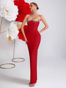 ADYCE 女士优雅无肩带手工镶钻高腰露背系带开衩及地长款礼服，适合晚宴、婚礼宾客、舞会、约会之夜、正式晚宴、生日派对、节日、家庭聚会、新年等各种场合，也适合情人节派对等春季穿着。 - 紅色 - 查看 6