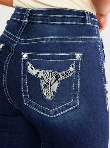 Women's Dark Blue High Waist Flare Jeans, Made Of Durable Premium Denim With Elastic Recovery, Featuring Double - Button Front, Contrast Stitching Detailing, And Intricate Steer Skull Embroidered Back Pockets For A Retro Western Vibe