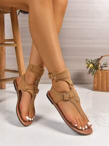 女士夏季新款休闲罗马凉鞋，纯色人字拖设计，搭扣闭合，更舒适的户外休闲百搭人字拖 - 棕色 - 查看 3