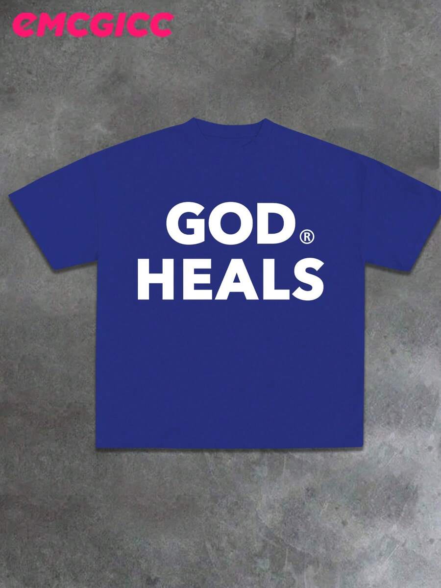 Y2K, Faith & Healing, Hope,....Fashionable Cotton Men's T-Shirt, Multi-Color Optional, Surprise Gift For Friends And Family, Christmas Drop Shoulder Sleeves Round Neck - 藍色 - 查看 1