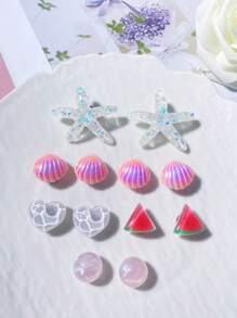 12 pièces Mignon (étoile de mer pailletée, coquillage rose, pastèque, cœur ondulé) Clips de chaussures, décorations DIY, accessoires de chaussures multifonctionnels pour sandales, pantoufles et sacs de plage des femmes - cadeaux parfaits pour les fêtes et les occasions spéciales