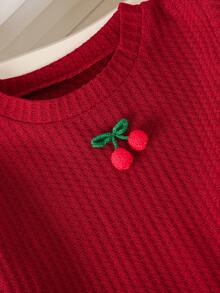 女童情人节华夫格纯色樱桃装饰长袖圆领上衣 + 休闲刺绣牛仔裤