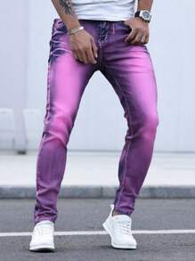 Dreamy Purple Gradient Violet Sunset Slim Fit Denim Pants, Men's Casual Stretch Street Style Jeans, Suitable For All Seasons  Plain    All    Regular Fit    Pocket    Christmas  Halloween  Thanksgiving Day  Valentine's Day  Pride Month  Father's Day  Carnivals  Mother's Day  New Year    Men's Clothing Standard Size Ready To Wear Jeans, Casual Pants - 紫羅蘭色 - 查看 3