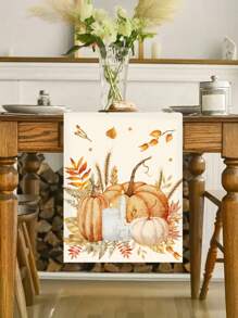 1 pièce Nappe en polyester de 35*180cm avec motif de citrouille à l'aquarelle, décoration de table d'automne pour la récolte, décoration de fête avec thème de feuille d'érable, Halloween, Thanksgiving, décoration saisonnière d'intérieur/extérieur, fournitures de fête