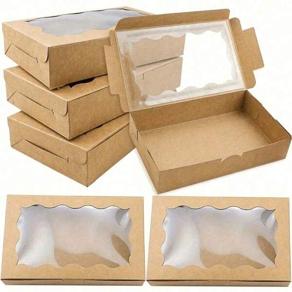 10/20pcs Brown Paper Cookie Boxes With Clear Window, Baking Boxes, Premium Small Paper Gift Boxes For Pastries, Desserts, Candies, Weddings, Parties, Christmas, Birthdays