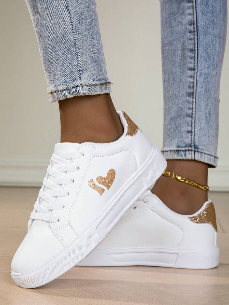 女士新款时尚透气休闲鞋，厚底百搭平底舒适软底运动鞋，防滑防臭跑步健身鞋 - 白金 - 查看 1