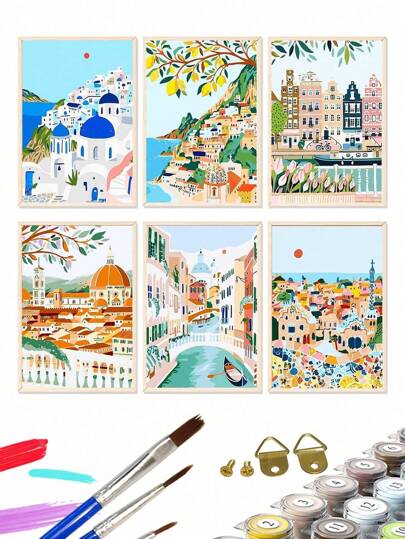 6pcs DIY Digital Painting Set For Adults, 40*50cm With Paints And Brushes, Ideal For De-Stressing, Number Painting By Digits, Handmade, Beach Castle Design Canvas, Room Decor Wall Art Craft, Painting For Beginners, Perfect Gift For Friends (Frameless)