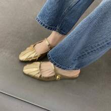 Square-Toed Pleated Women's Flat Single Shoes, Insoled Height-Increasing Single Shoes, Closed-Toe Half Slippers
