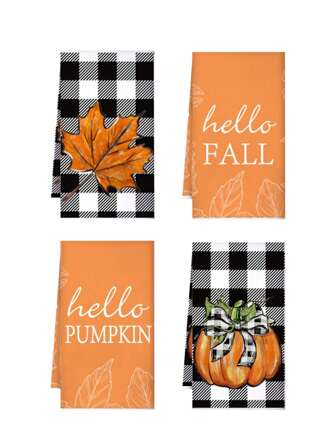 4 Stück/48 Stück 40cm x 60cm Geschirrtücher im Ernte-Festival & Thanksgiving Thema, Ahornblatt & Kürbis Muster, "Hallo Herbst", Kürbis & Ahornblatt, schafft eine warme Thanksgiving & Herbst Ernte Atmosphäre, geeignet für Tischdekorationen, Küchendekoration oder Fensterauslagen