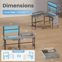 HLDIRECT L Shaped Gaming Desk With LED Light & Power Outlet, Corner Computer Desk With Storage Shelves & Drawer & Bag, Game Table With Hutch Monitor Stand, Home Office - Grey - View 4