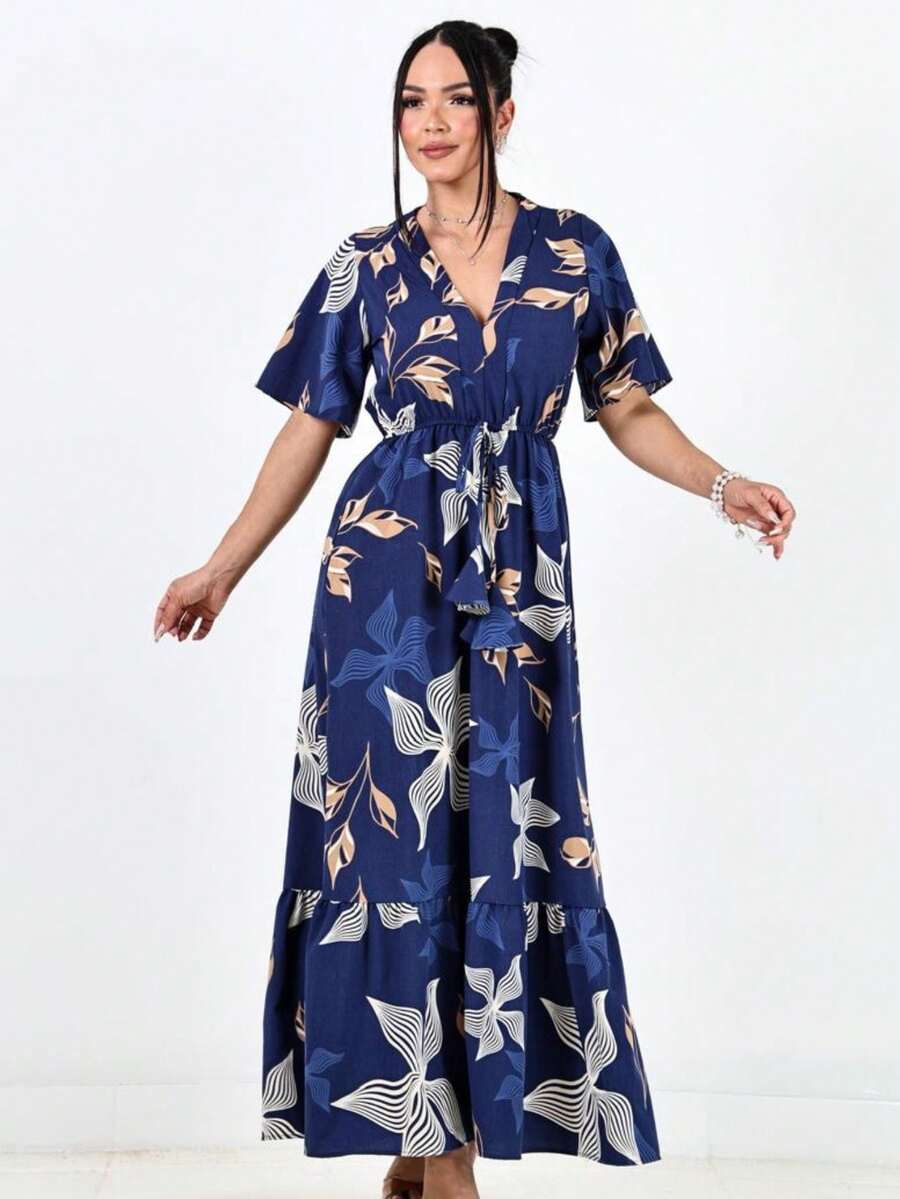 LONG SUMMER DRESS - 海軍藍花卉 - 查看 1