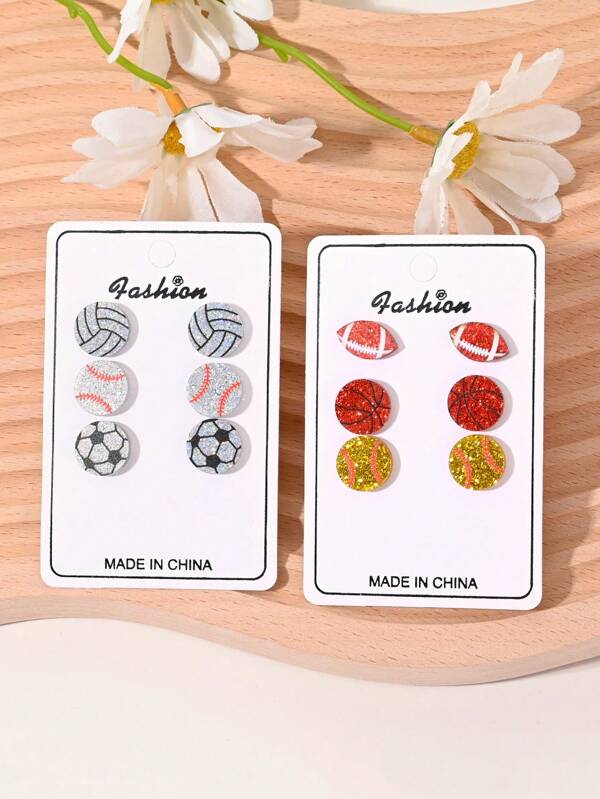 6pcs Fashion Sports Themed Earring Set Including Football, Baseball, Basketball, Volleyball - Suitable For Women's Daily Wear, Party, Sports Fans & Leisure Gatherings